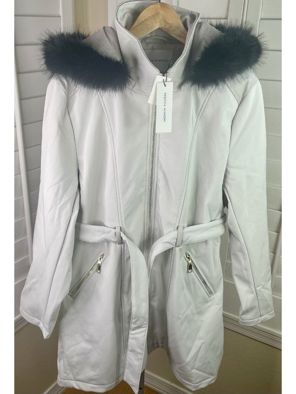 Rebecca Minkoff Softshell Belted Jacket w/Faux Fur Trim Hood, Women L, NWT $228